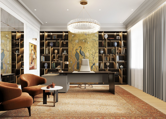 A Dubai villa office blending modern clean lines with a traditional geometric rug and sheer curtains to block harsh sunlight