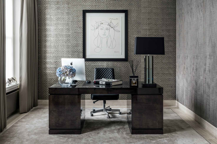 A modern workspace highlighting sustainable furniture and a clean desk setup with a smart lighting system
