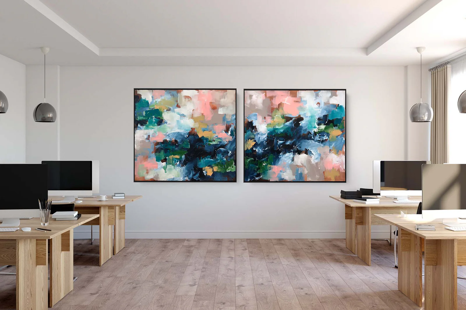 Modern coworking space with abstract art and wood furniture