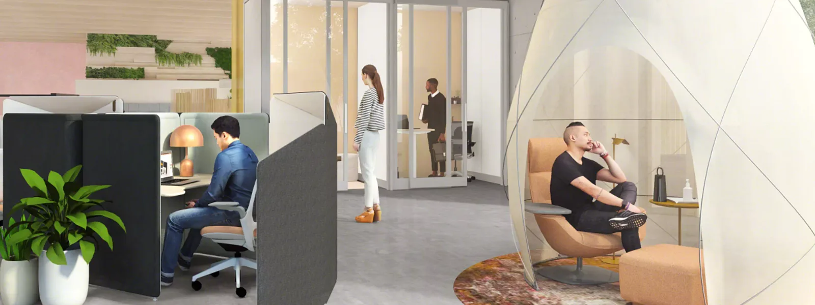 Contemporary coworking space with private and open work areas