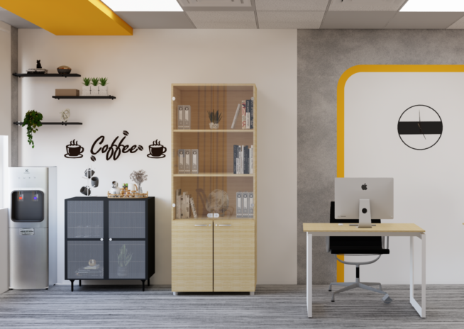 decorster office coffee point with modular shelving compact counter and warm accent lighting