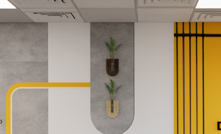 decorster office entry detail with yellow feature wall arched grey panel and hanging pendant light
