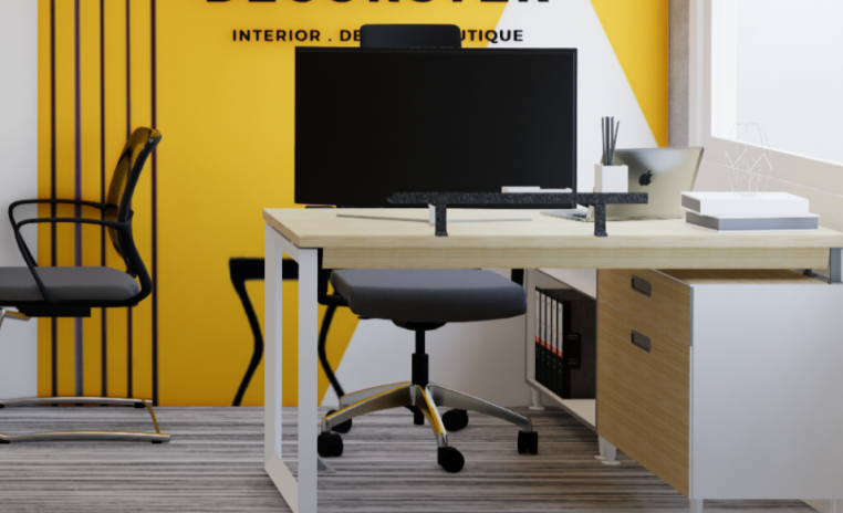 decorster office entry alternate view with signature yellow logo wall and considered guest seating