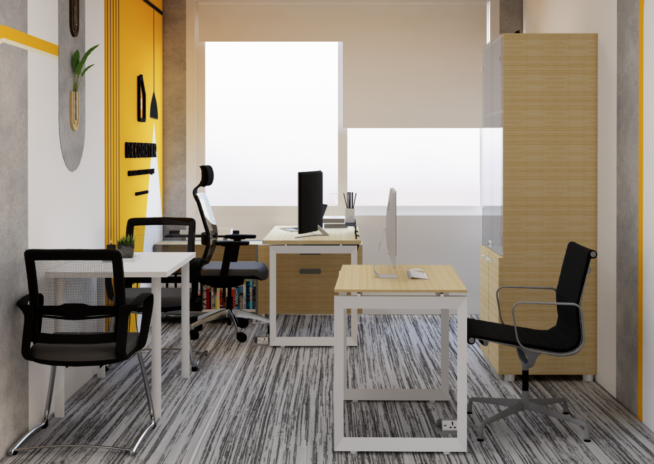 decorster office workspace with fixed desks retained yellow accent behind primary chair and considered layout