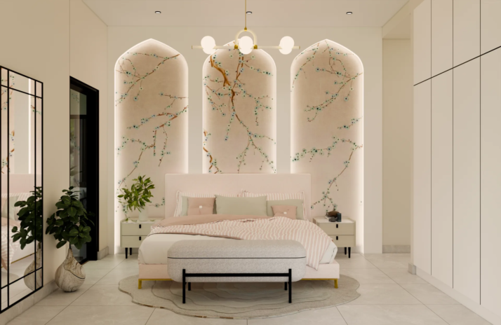 Modern Neo-Classical master bedroom with triple arch cherry blossom feature wall Nymphaea House JVC Dubai