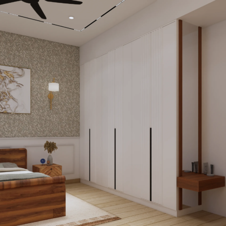 Bedroom three detail with brass wall sconce and wood bed The Opaline Penthouse