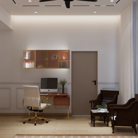 Bedroom three study desk with brass framed glass upper cabinets The Opaline Penthouse