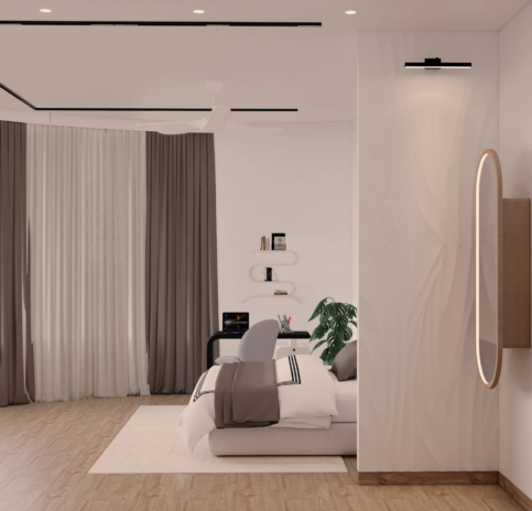 Bedroom two alternate view stripe wall and cream boucle The Opaline Penthouse