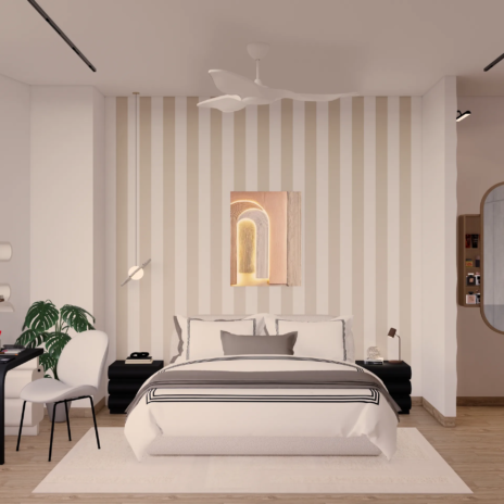 Bedroom two with cream stripe wallpaper boucle bed and arched wall art The Opaline Penthouse
