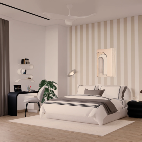 Bedroom two wardrobe wall with textured panels and arched mirror The Opaline Penthouse