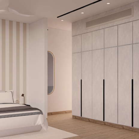 Bedroom two workstation with curved wall shelves The Opaline Penthouse