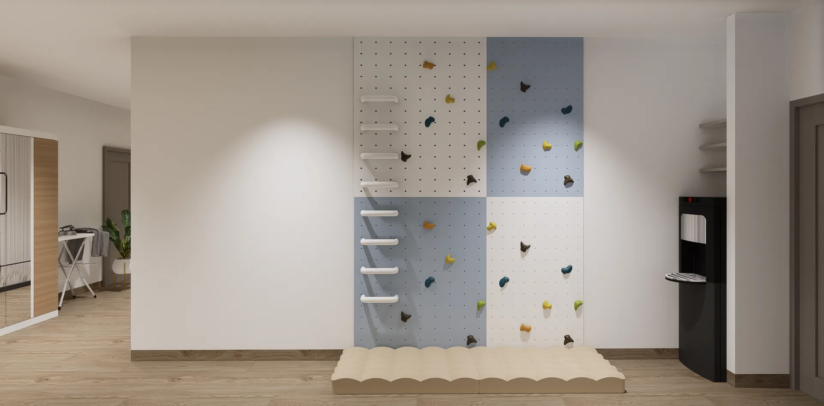 Corridor with playful pegboard climbing wall and laundry visible beyond The Opaline Penthouse