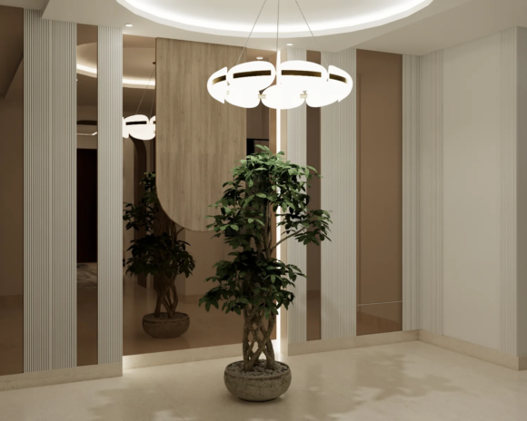 Entrance detail with textured plaster wall The Opaline Penthouse