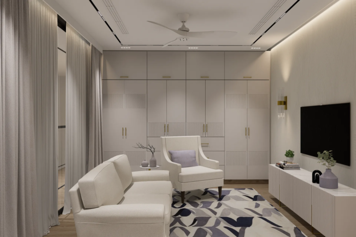 Family lounge with textured feature wall and warm cove lighting The Opaline Penthouse Al Majaz