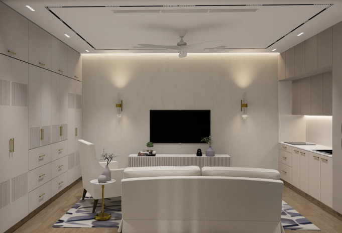 Family lounge wide view with fluted media console and wardrobe wall The Opaline Penthouse Al Majaz Sharjah