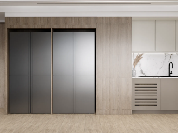 Kitchen close detail with fluted glass upper cabinets The Opaline Penthouse