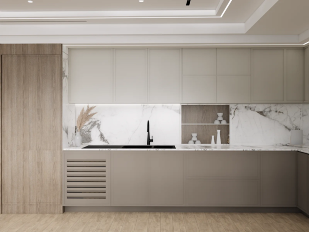 Kitchen secondary view with warm wood cabinetry The Opaline Penthouse
