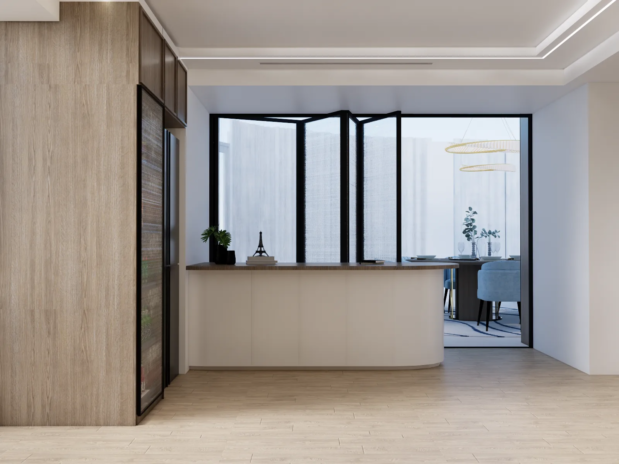 Kitchen wide view with marble splashback The Opaline Penthouse Sharjah