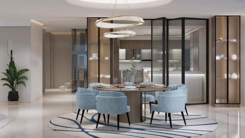 Majlis and formal living with layered boucle seating The Opaline Penthouse Sharjah