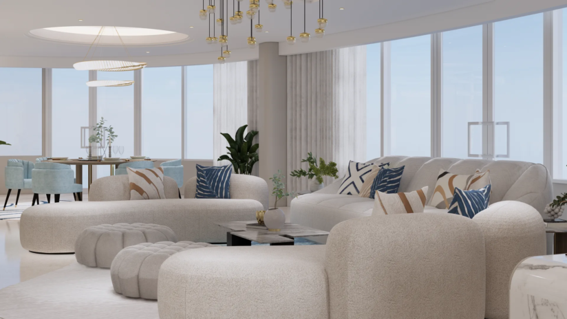 TV wall with warm panel and cluster pendant lights The Opaline Penthouse living zone