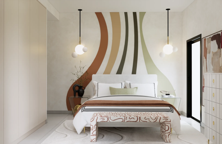 Warm Soft Minimalist bedroom with curved terracotta olive sage mural wall RA1N Residence JVC Dubai