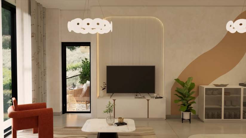 Open plan living and dining with cream sofa warm oak dining and orange accent chair The Soft Canvas JVC Dubai