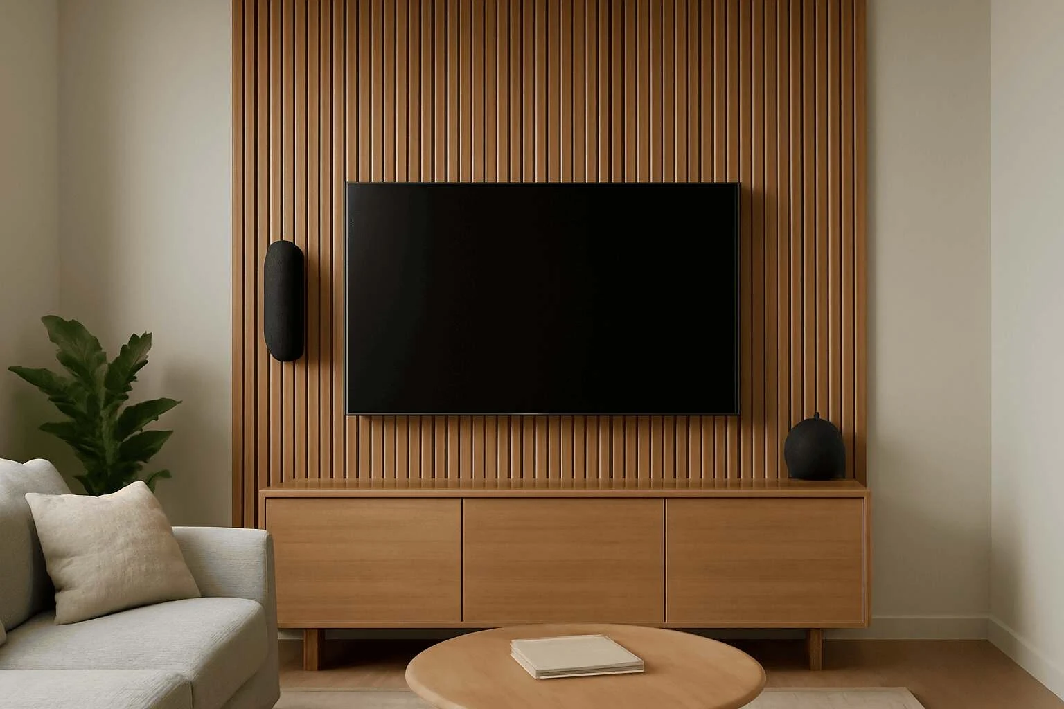 A modern living room with a TV and speakers mounted in smart home design.