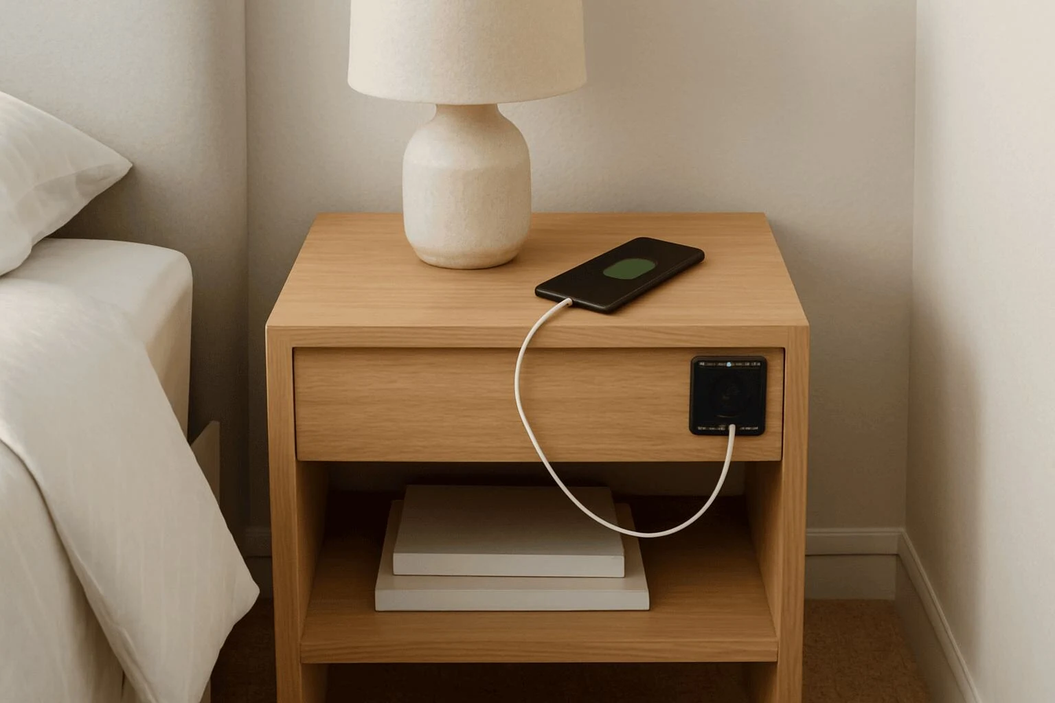 A modern bedroom with a minimalist nightstand smart home design
