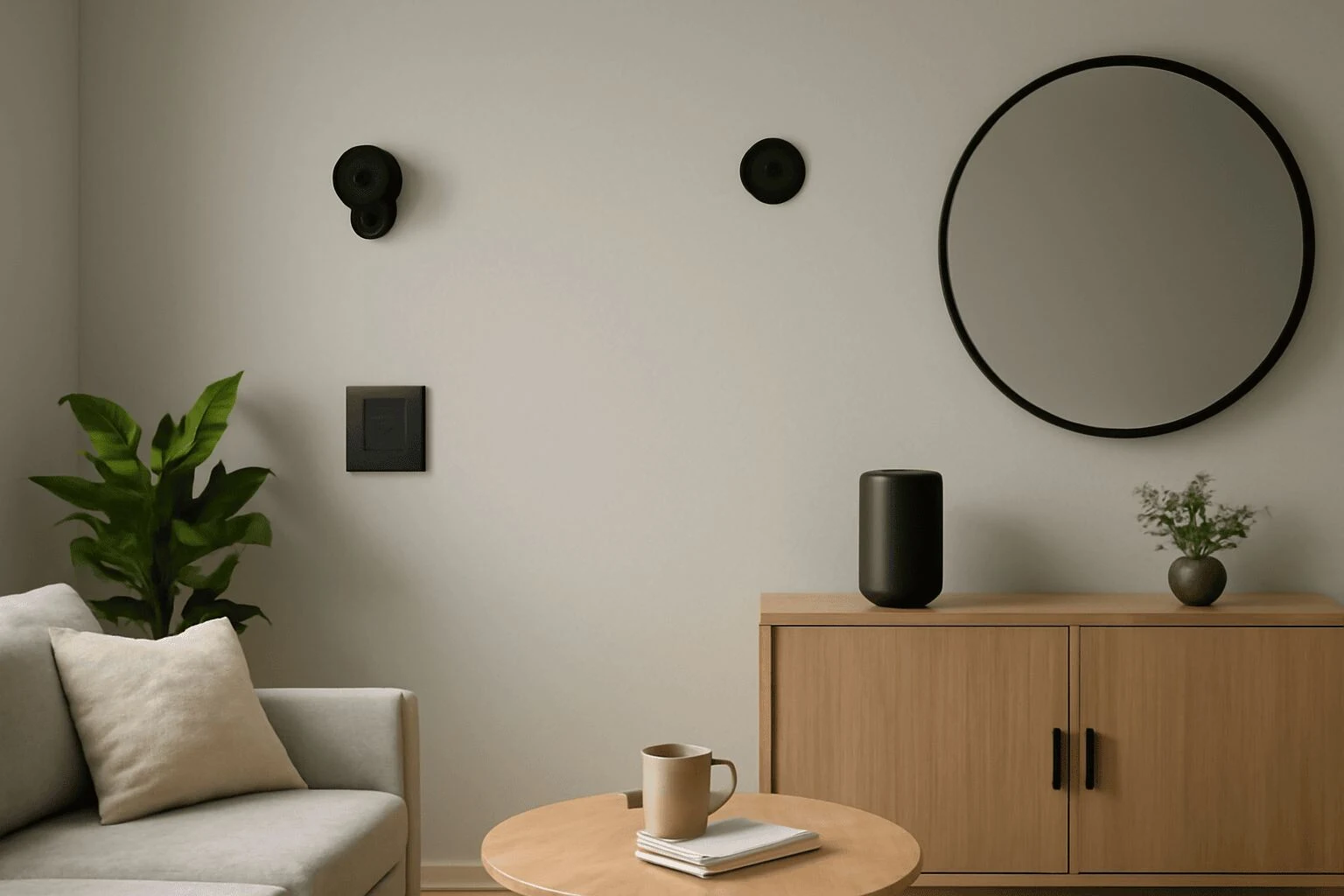 A modern living room with minimalist black smart home design