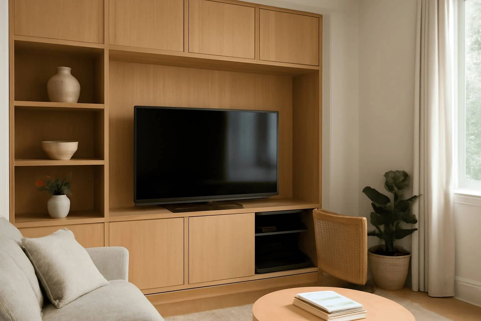 A smart home design with a concealed entertainment center.