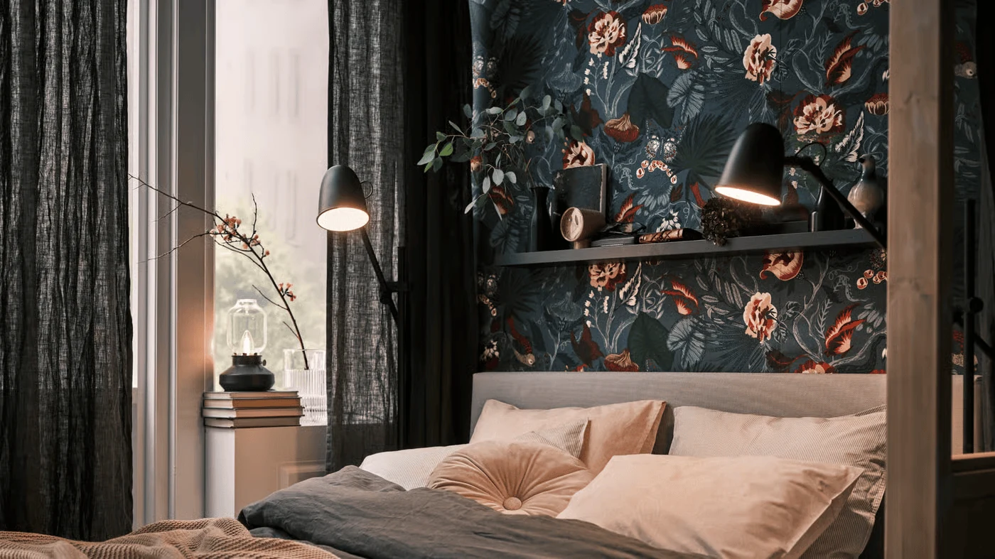 dark bedroom with adjustable matte sconces for task lighting