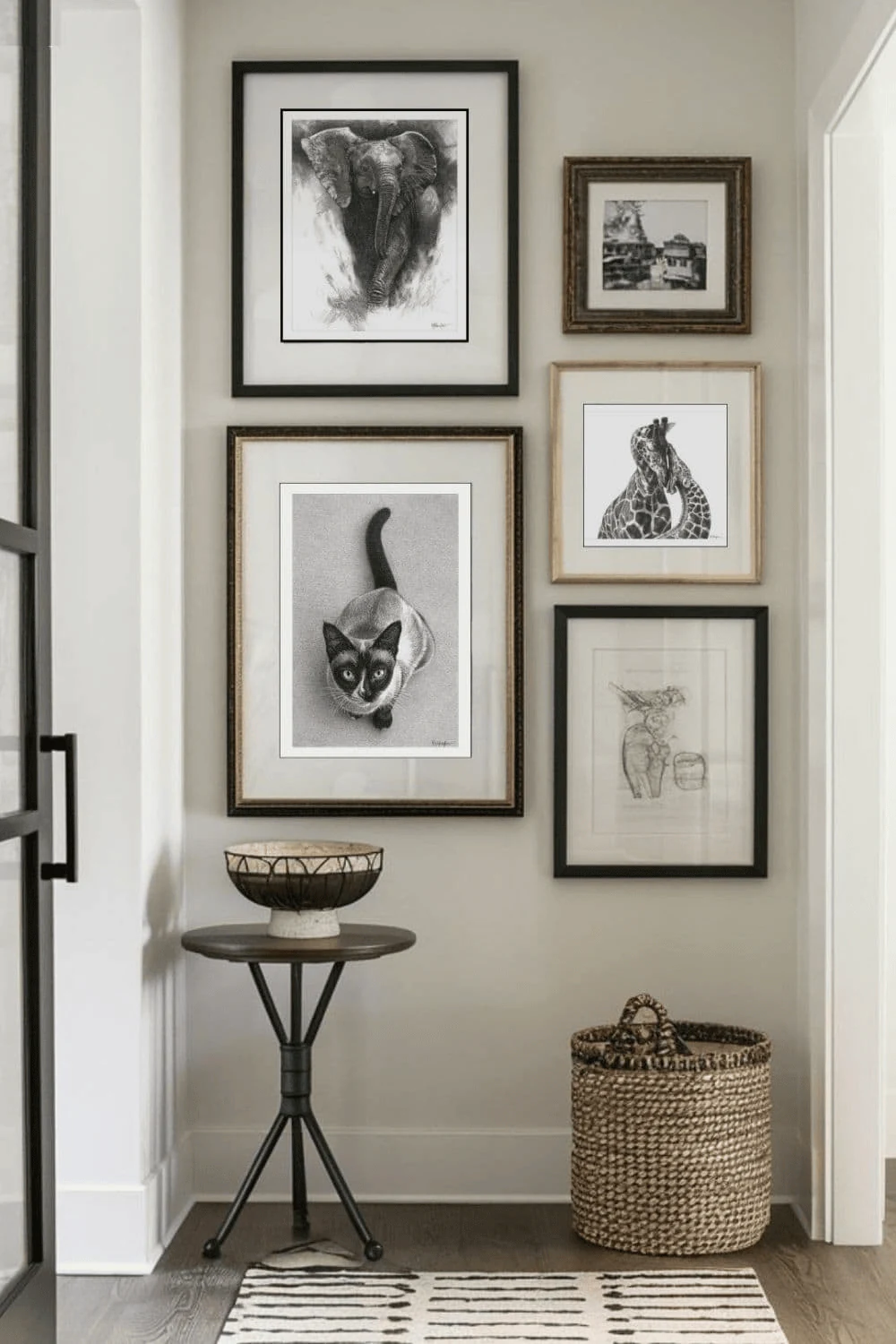 hallway gallery wall alternating large and small frames