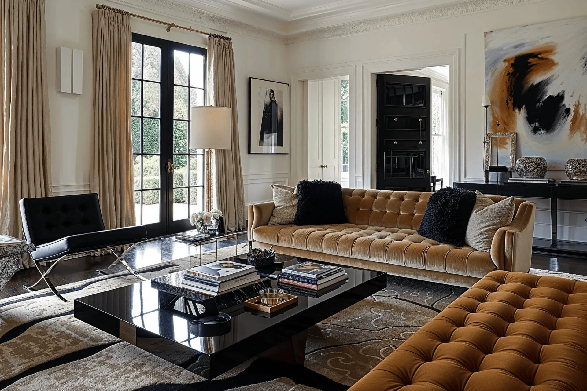 Art Deco, glam, or luxury style room with brass, marble, velvet, geometry, or jewel tones