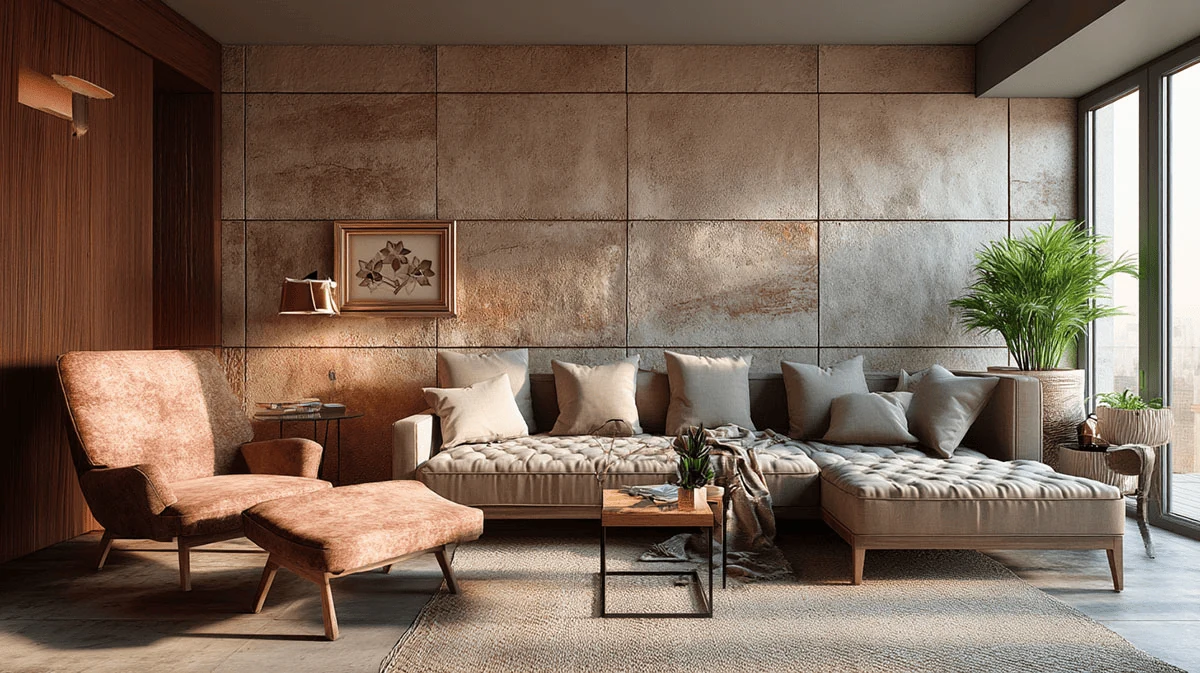 artisanal interior design with textured wall panels and natural wood accents