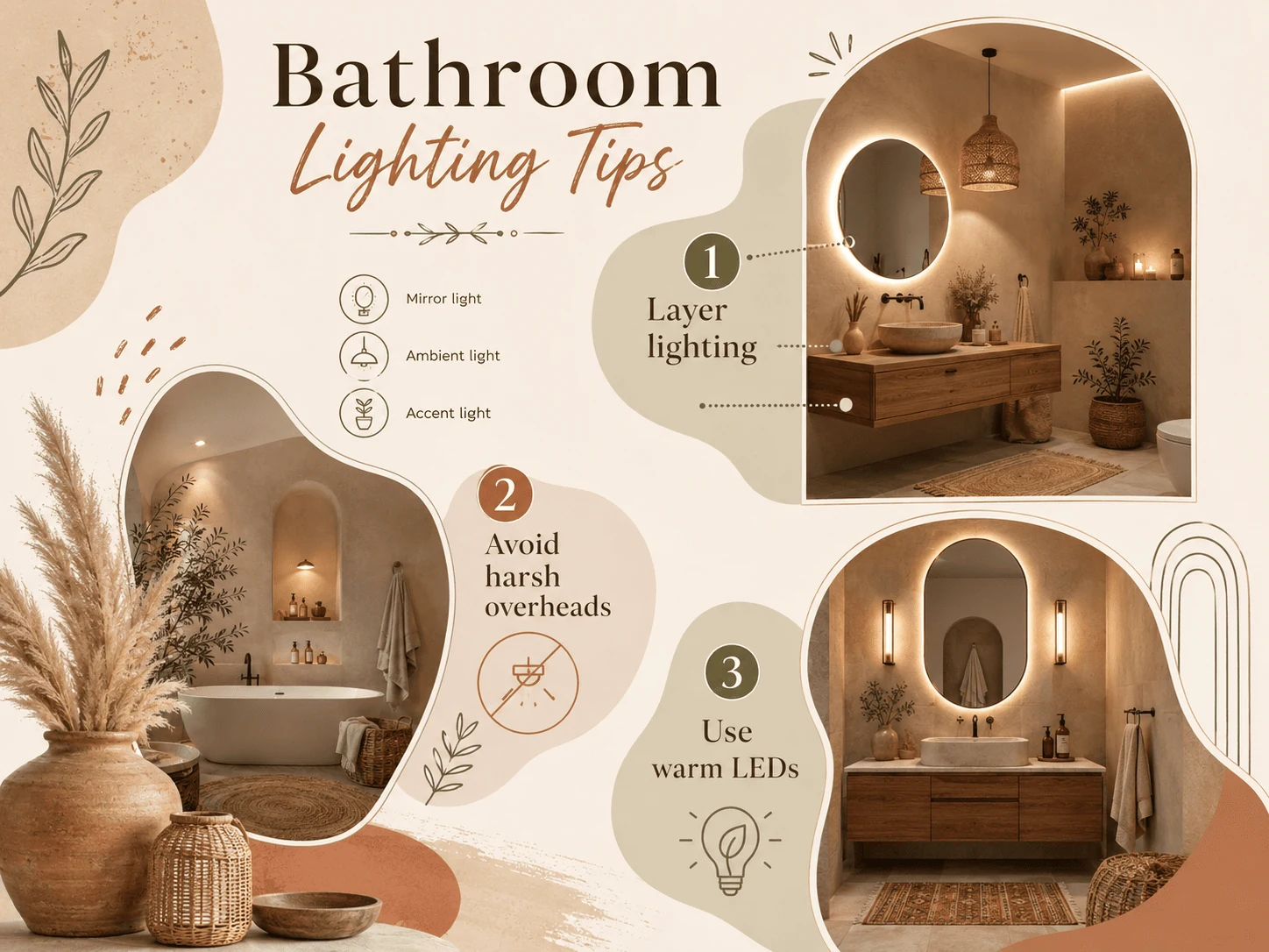 bathroom remodel ideas showing layered lighting across a renovated bathroom