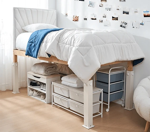 dorm room hacks using bed risers to create hidden under bed storage