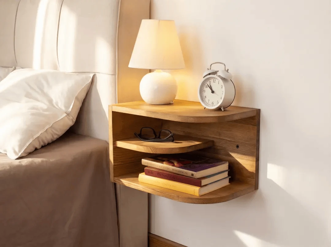 dorm room shelves beside the bed for night time essentials