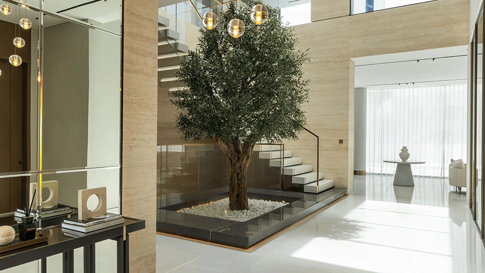 entrance foyer design with biophilic planting softening a villa entry