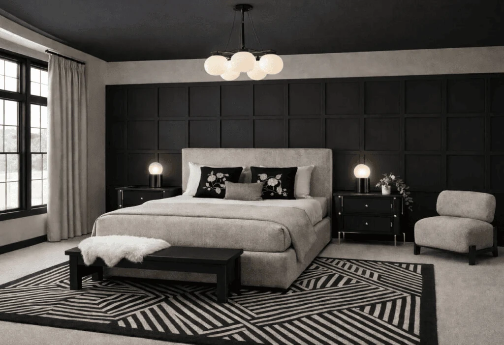 black and beige dark bedroom with a grid panelled wall and geometric rug