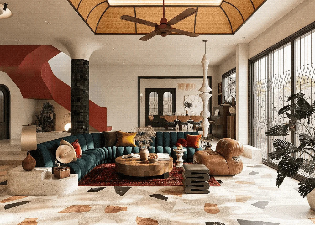 bohemian style or eclectic style room layered with plants, rugs, textiles, and collected decor