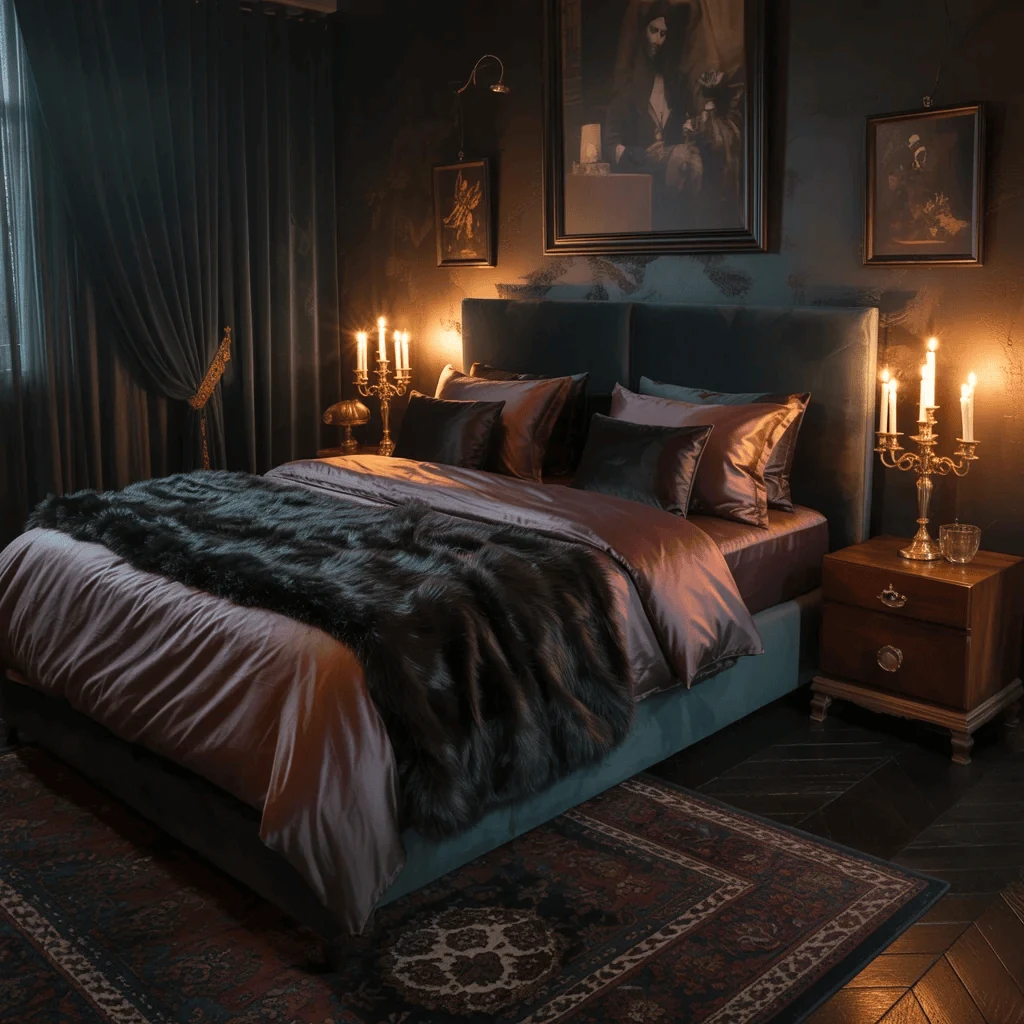 dark bedroom with boucle and faux fur accents breaking up saturated tones