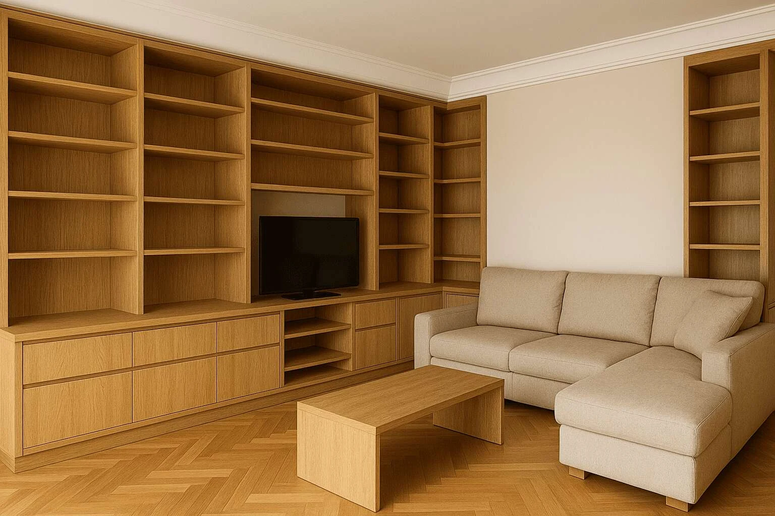 Built-in furniture interior design regrets in a beige living room with oak shelves.
