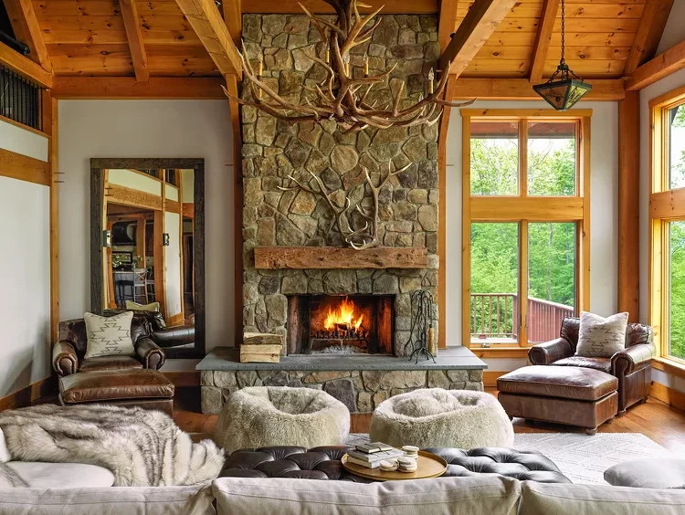 make the fireplace the main anchor cabin interior design
