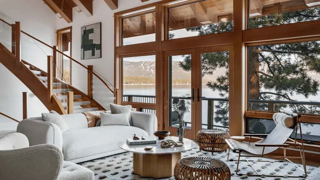 soften timber and stone with wool linen and boucl cabin interior design