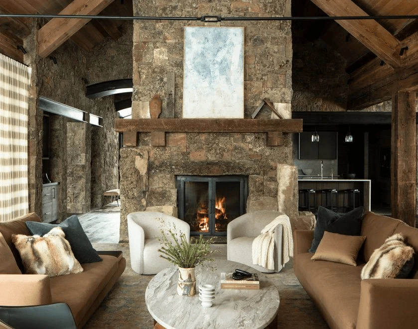use stone beyond the fireplace cabin interior design