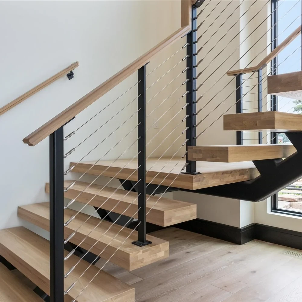 cable rail stair system with stainless steel cables black posts and timber treads