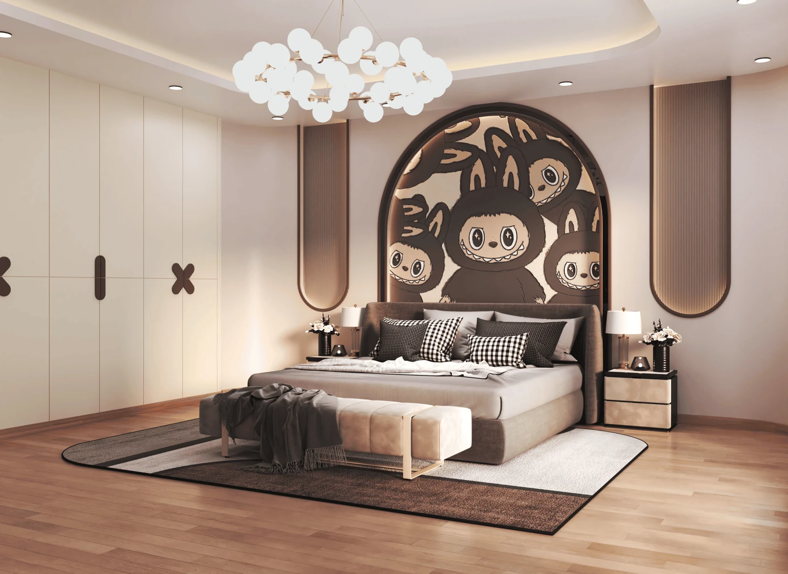 chocolate brown dark bedroom with a character headboard and fluted wall panels