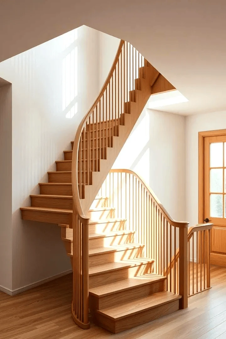 classic oak banister and wooden stair railing in a warm family home