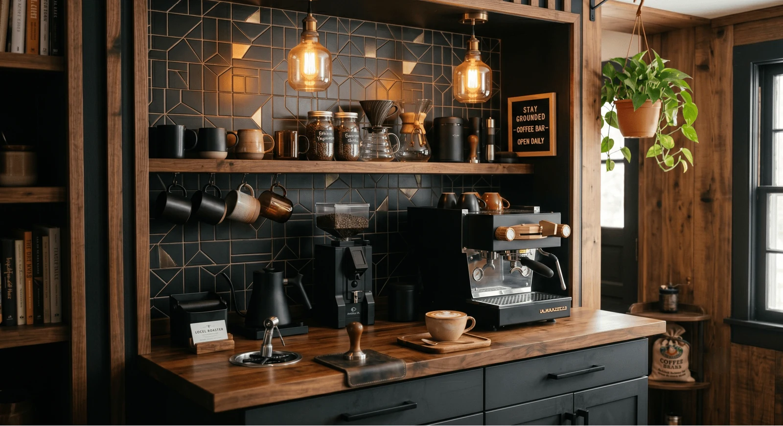 anchor the wall with black wood and warm light coffee bar ideas