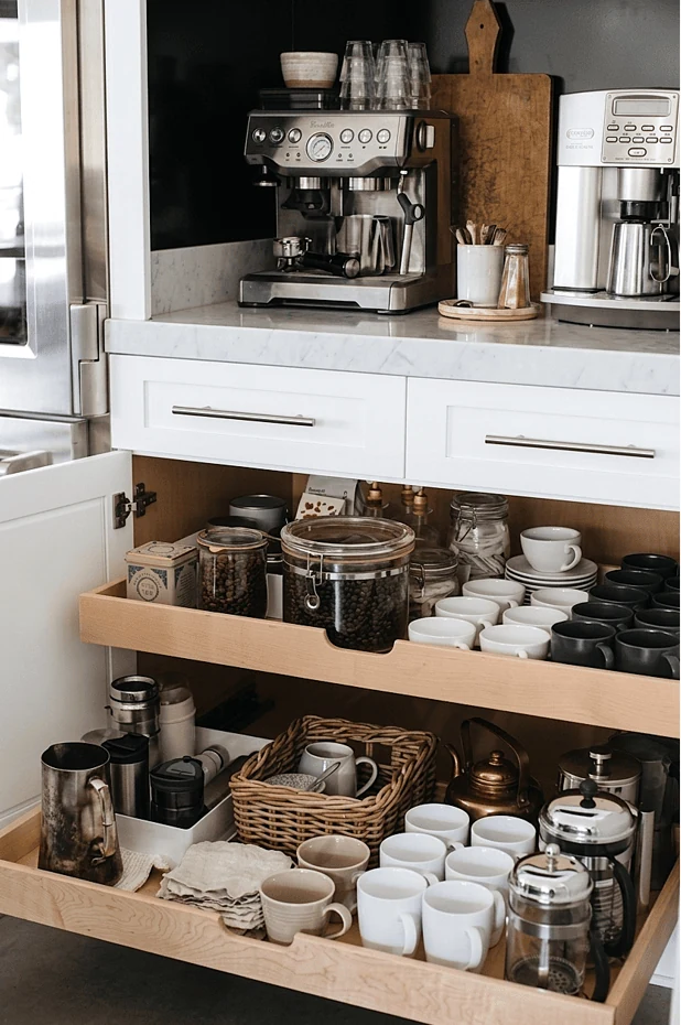 give pods filters and spoons their own drawer coffee bar ideas